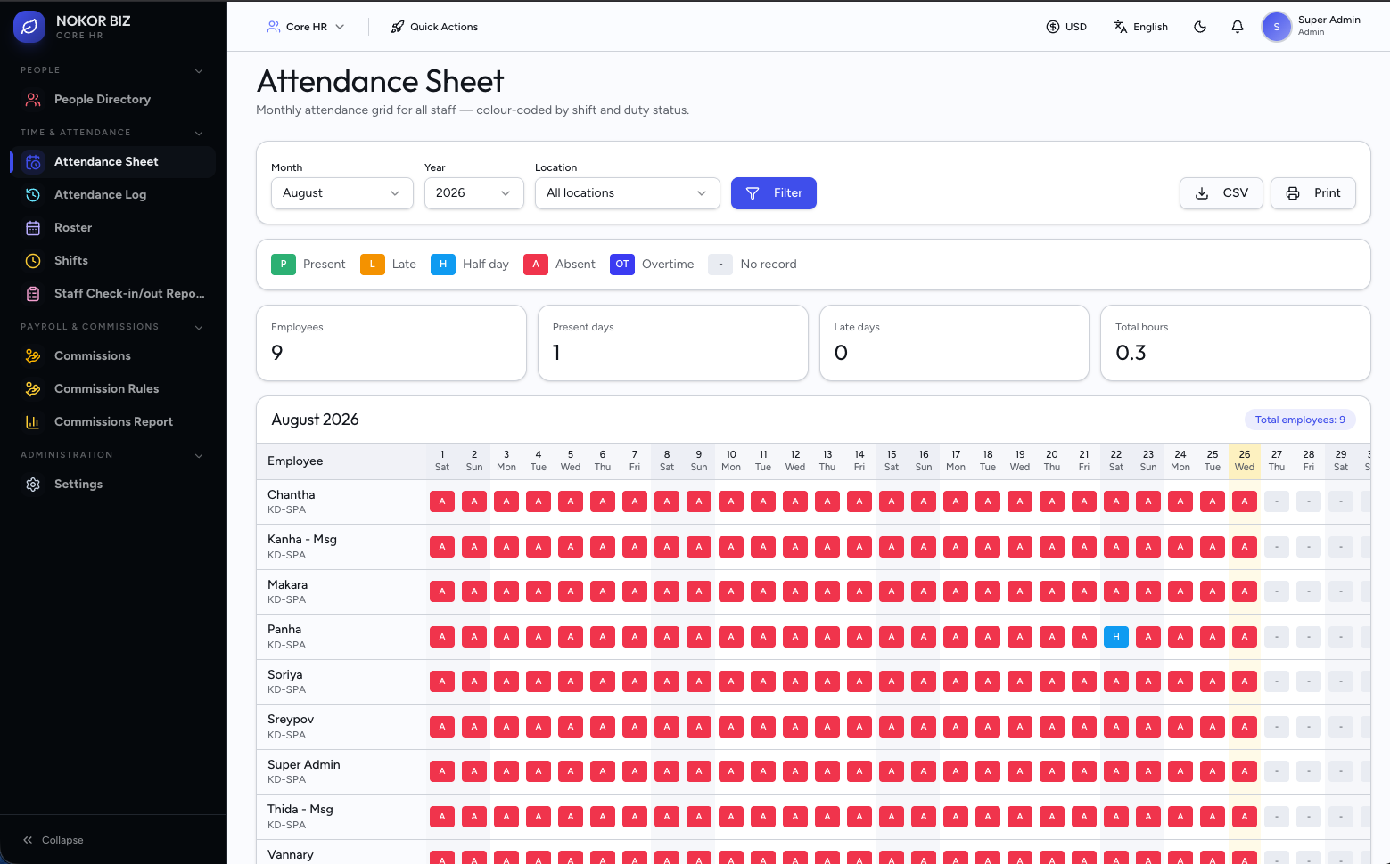 ONE-BIZ Core HR attendance sheet with monthly colour-coded grid for every staff member